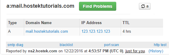 Example of a DNS A record lookup for mail.hostektutorials.com